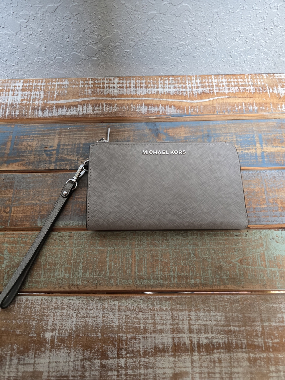 MICHAEL KORS Taupe Saffiano Wristlet Wallet